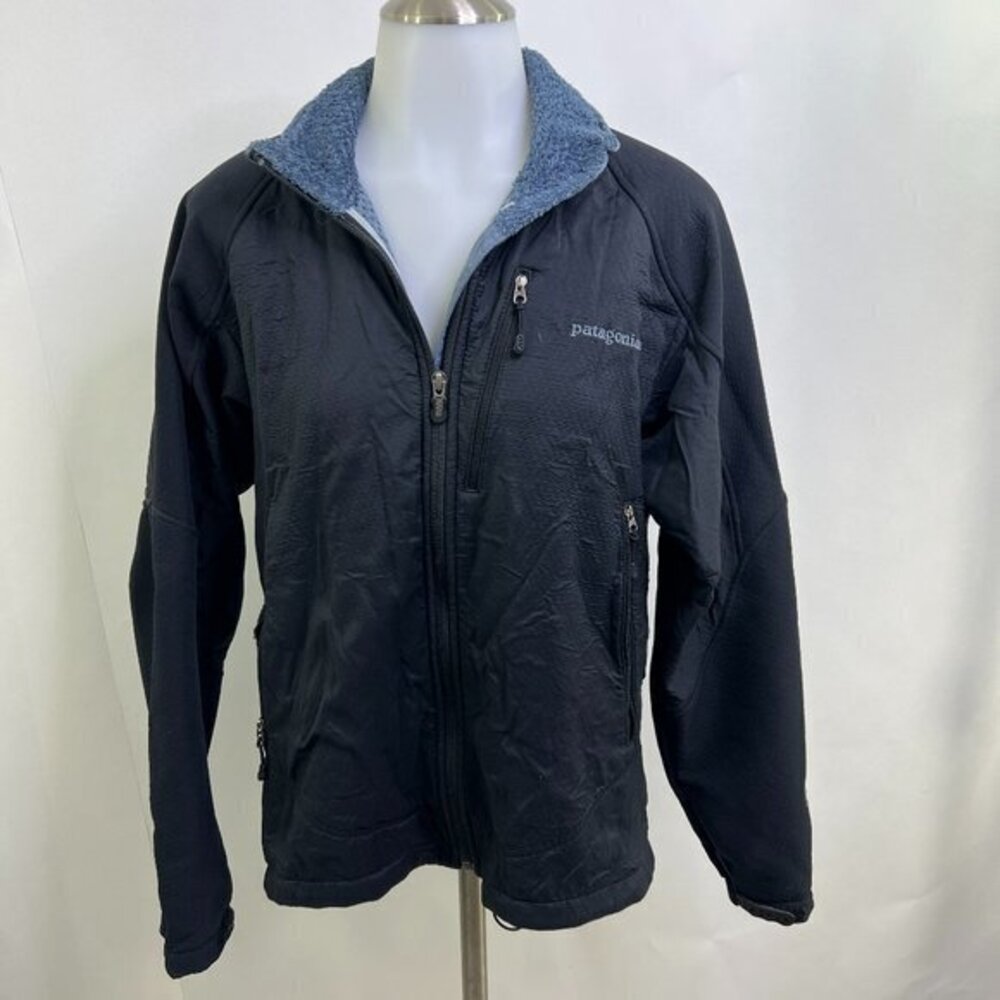 Patagonia L Jacket‎ Womens Blue 2005 Nylon Fleece Black Logo Softshell Jacket